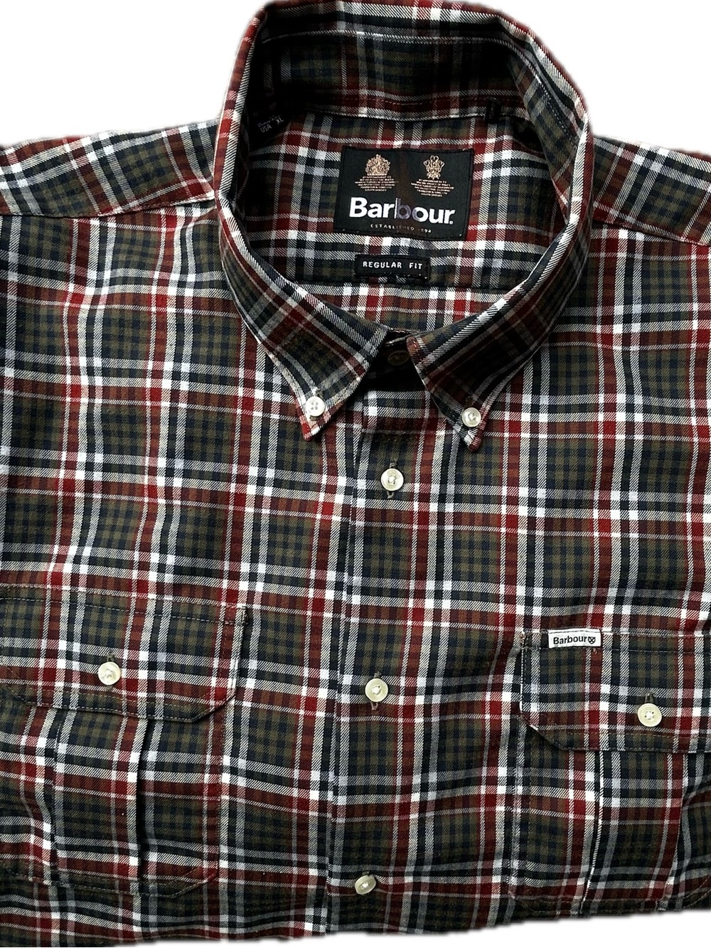Barbour Olive & Red Plaid Button-Down Shirt